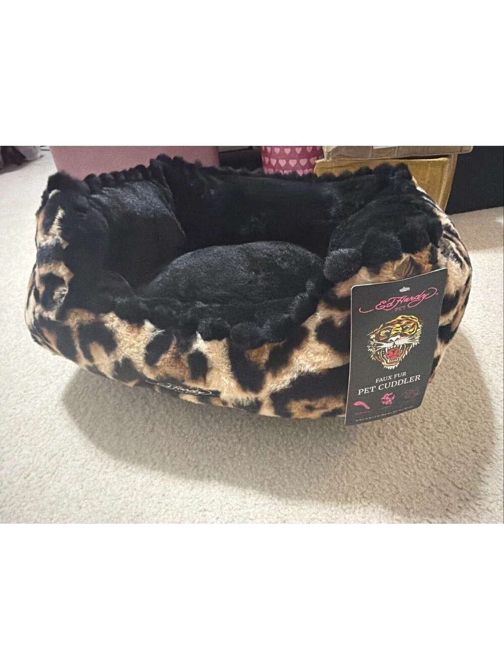 Ed Hardy Faux Fur Pet Cuddler Dog Bed Small S Leopard Print Cushioned